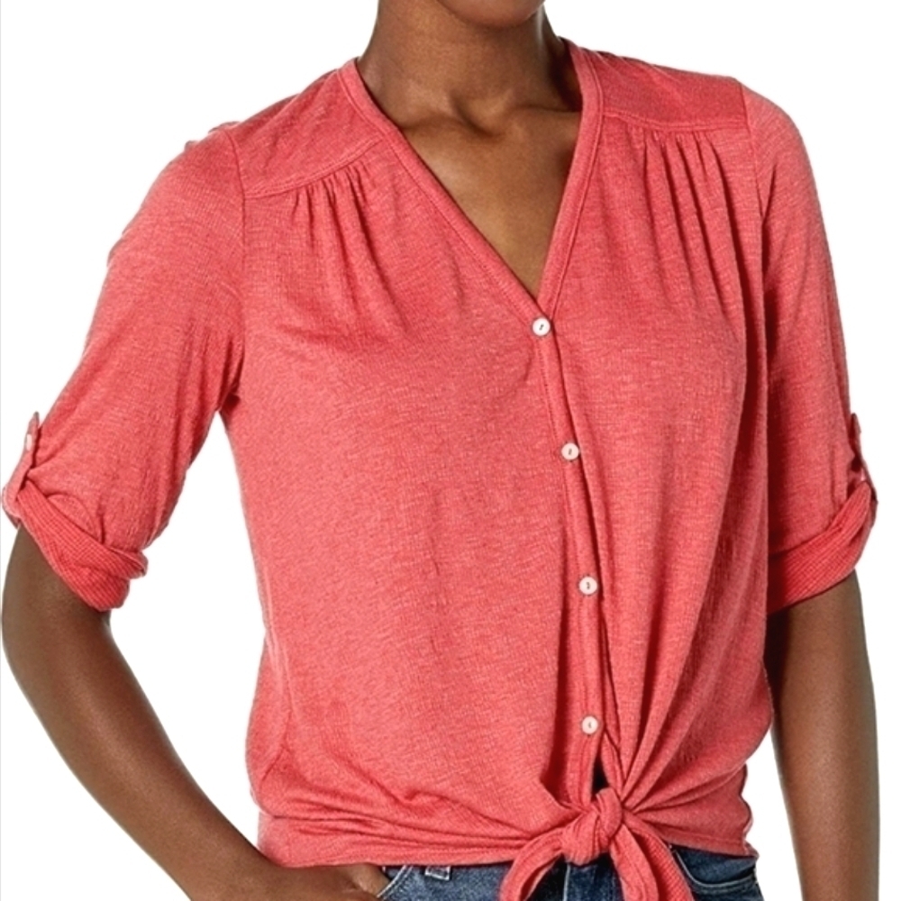 Max Studio Button Down V-Neck Blouse 3/4 Sleeve Waist Tie Lightweight Coral Pink